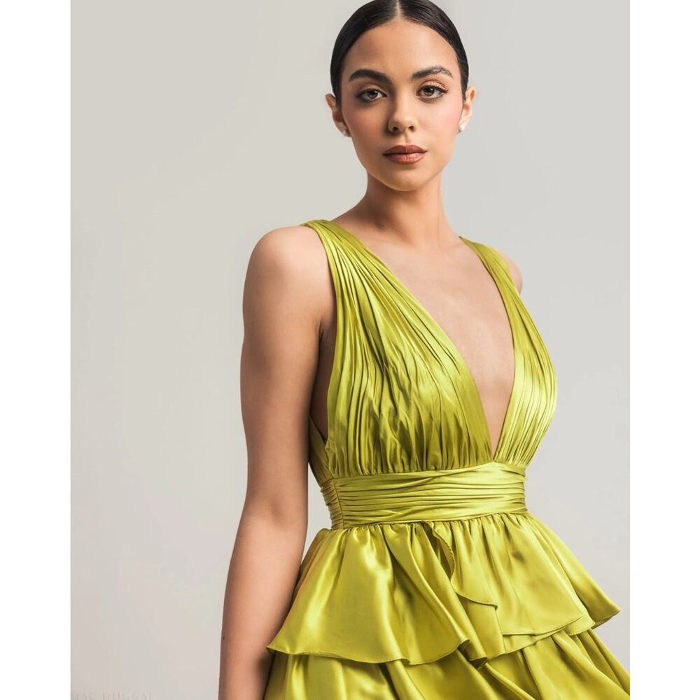 MacDuggal 67994 Chartreuse Sleeveless Tiered Ruffle Pleated Ball Gown Sz 10 $598 - Picture 6 of 16